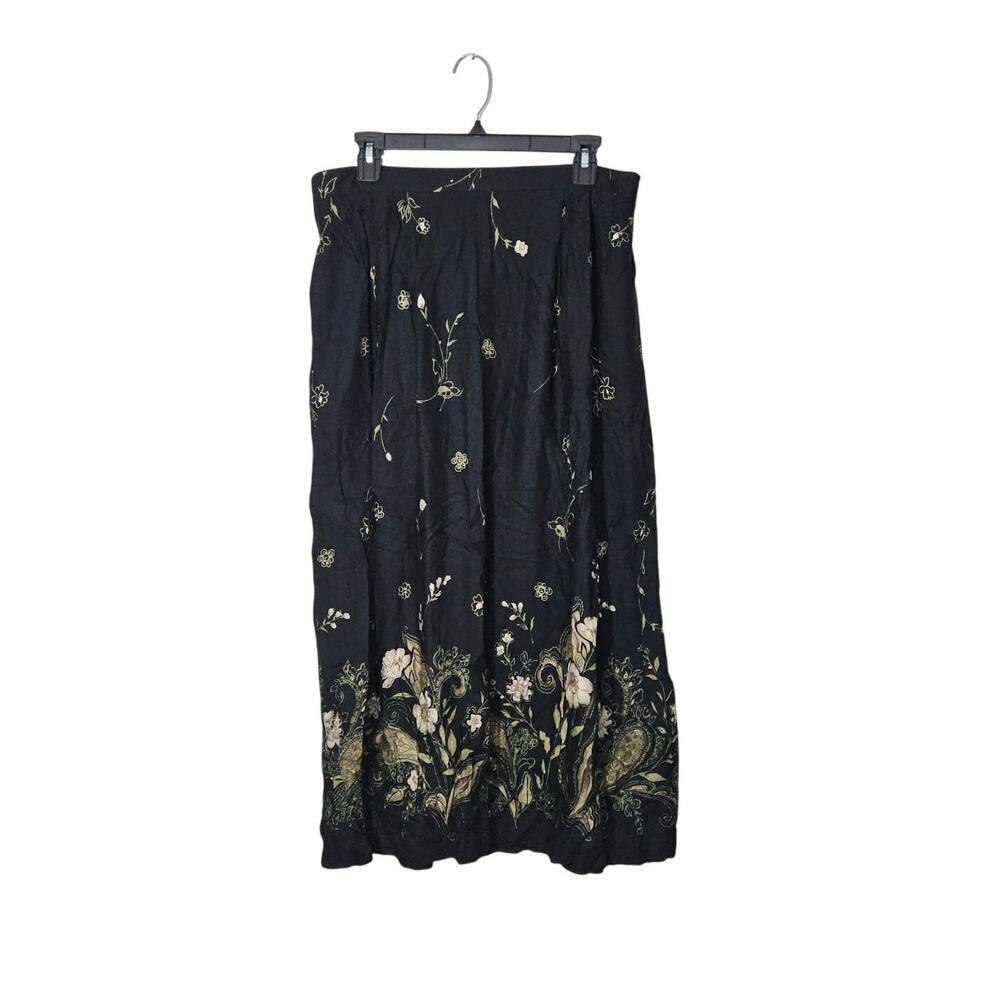 Vintage 90s Floral Black Maxi Skirt Cottagecore 100% Rayon Size 20W